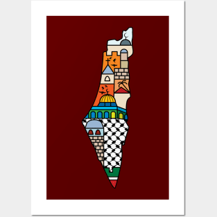 I Love Palestine My Homeland Palestinian Map with Kufiya Hatta Pattern and Most Sacred Cites In Jerusalem -blk Posters and Art